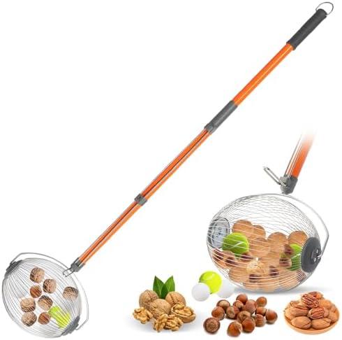Nut Gatherer Tool Acorn Walnut Picker Upper Roller, Length Adjustable, Large Rolling Nut Collector for Pinecone, Hickory, Chestnuts, Buckeyes, Golf, Pinecone, Picks up Items 1'' to 2.5'' Size, Orange