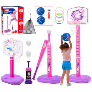 Meland Toddler Basketball Hoop, Pink 4-in-1 Kids Basketball Hoop for Indoor Outdoor Play, Tball Set with Baseball Pop Up Machine, Girls Toys Birthday Gift