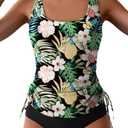 B2prity Tummy Control Tankini Swimsuit for Women Ruched Two Piece Bathing Suit Drawstring Swimwear with Bottom, 2XL