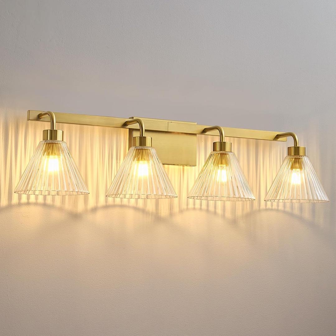 AIJIASI Bathroom Vanity Light Fixtures 4-Light Modern Vanity Lights for Bathroom Brass Gold Bathroom Lighting Fixtures Over Mirror with Ribbed Glass Shade for Bath Restroom 34 Inch