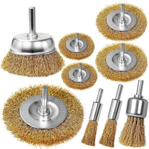 9 Pcs Carbon Steel Wire Brush for Drill Rust Removal Kit,Wire Wheels and Pen Metal Wool Brushes Drill Attachments Cup for Corrosion and Scrubbing Surfaces,1/4-Inch Round Shank (Gold)