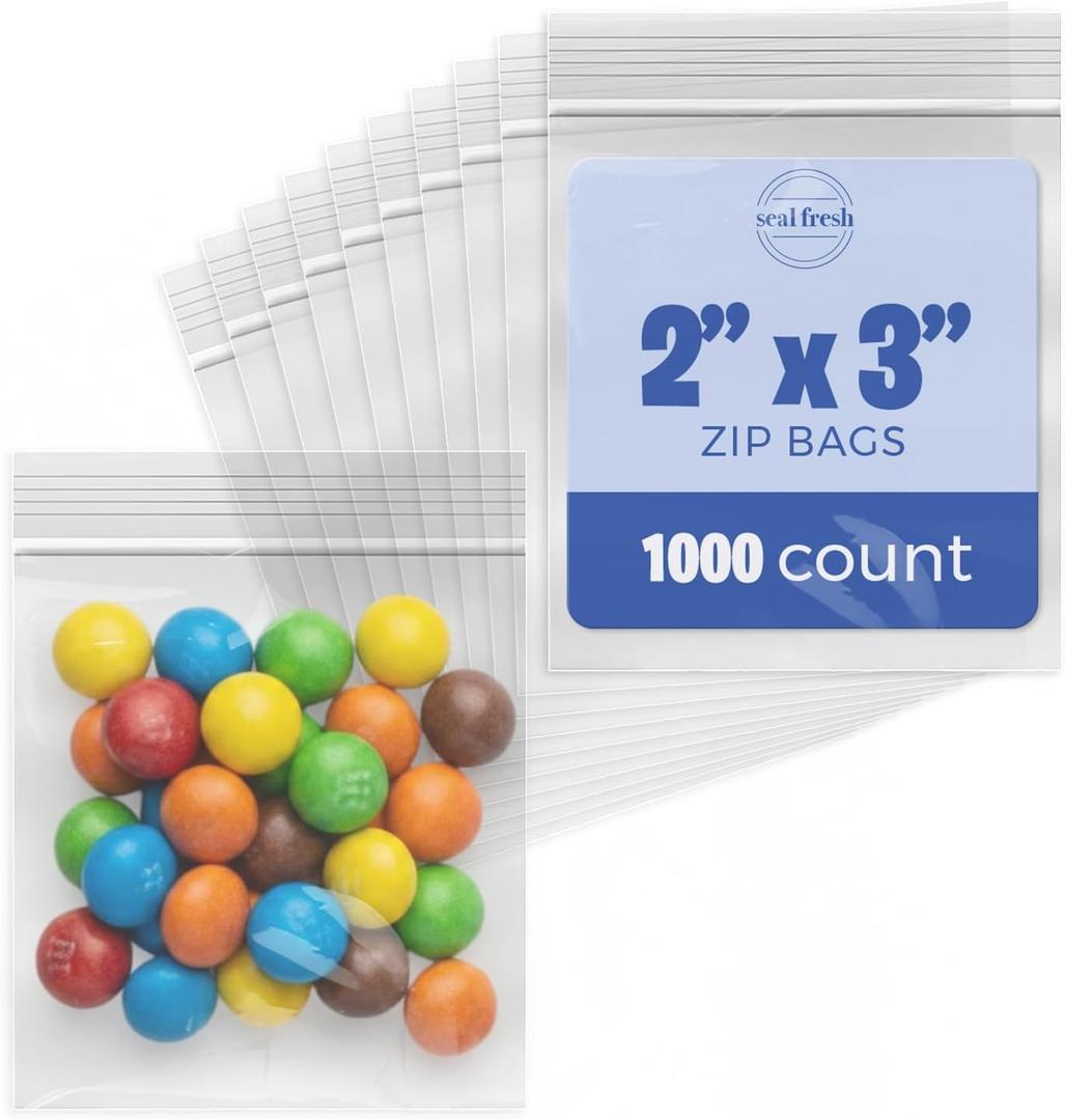 Seal Fresh 2 x 3 Inch Resealable Plastic Bags 1000 Pack Clear Reclosable Mini Bags with Zipper Seal for Jewelry, Beads, Small Parts, Crafts, Hardware