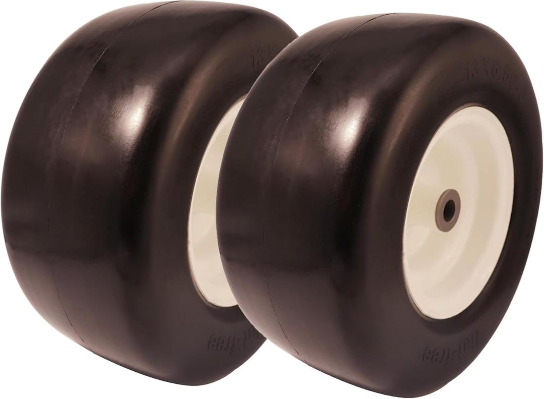 13x6.50-6 Flat-Free Tire with 3/4" 5/8" & 1/2" Bushing, 13in Zero-Turn Lawn Mower Smooth Tire and Wheel Assembly, 4.0"-6.0"Center Hub Flat Free Wheel for Universal Lawnmower Tractor