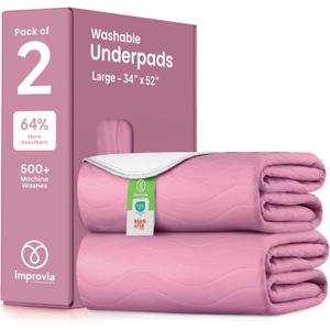 IMPROVIA® Washable Underpads, Heavy Absorbency Reusable Incontinence Pads for Kids, Adults, Elderly, and Pets, Waterproof Protection Floor (Pink and White, 34" x 52" - Pack of 2)