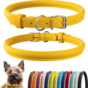 CollarDirect Rolled Leather Dog Collar, Soft Padded Round Puppy Collar, Handmade Genuine Leather Collar Dog Small Large Cat Collars 13 Colors (6-7 Inch, Yellow Textured)