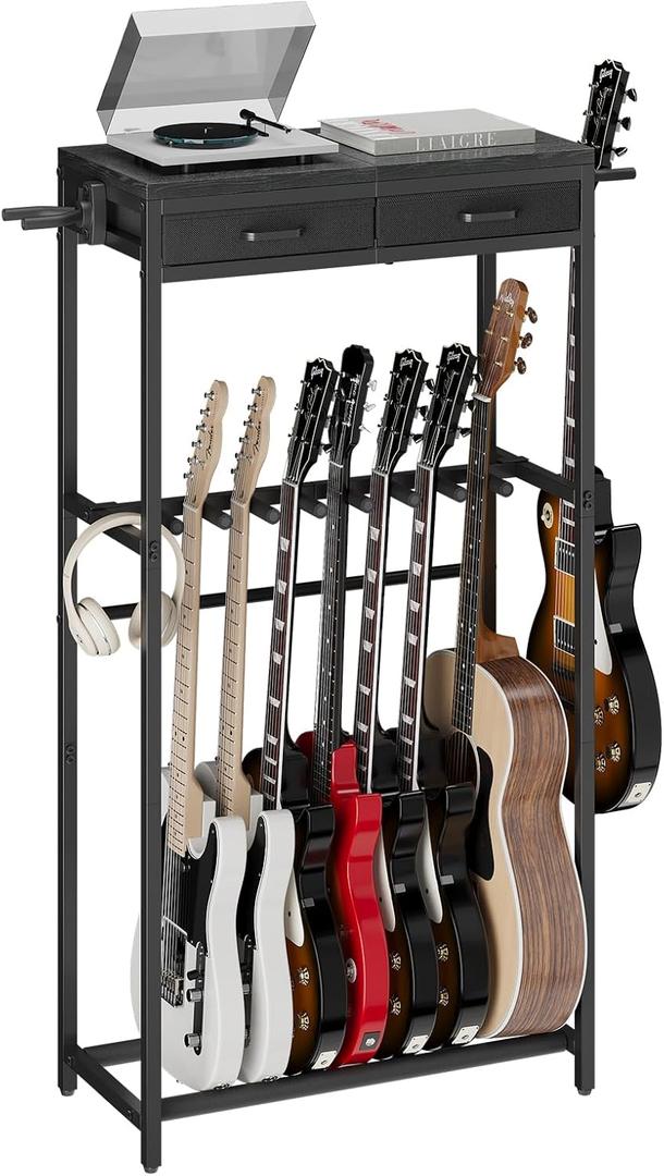 ELYKEN Guitar Stand, Guitar Rack with 2 Hangers and Storage Drawers for Guitar Accessories, Multiple Guitar Holder for Acoustic Electric Guitar, Bass, Ukulele, Instrument, Music Studio, Black (7-9 Guitars)