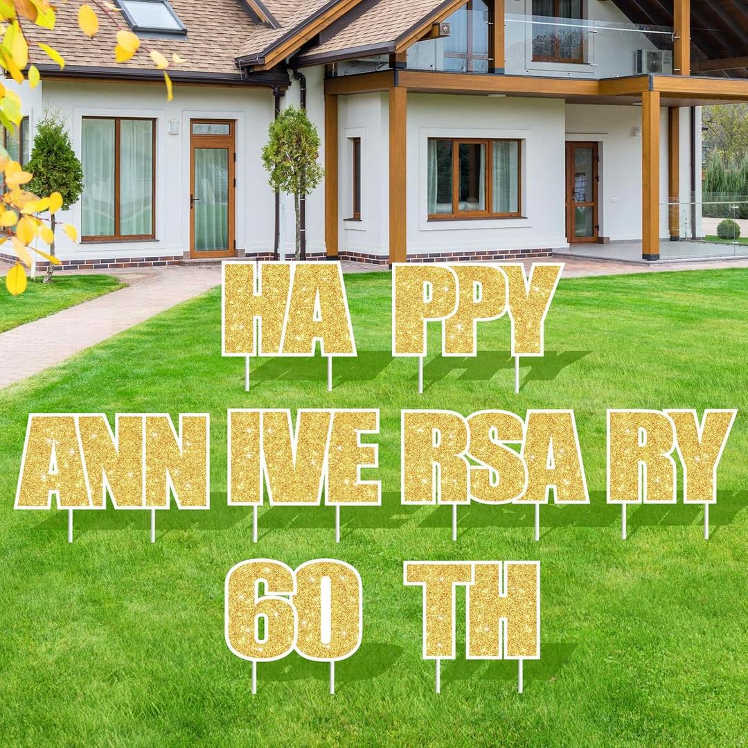 8PCS 60th Anniversary Yard Sign Decorations White Gold Happy 60th Wedding Lawn Garden Yard Sign with Stakes for Married Women Men 60 Years Anniversary Wedding Decor Outdoor Party Supplies