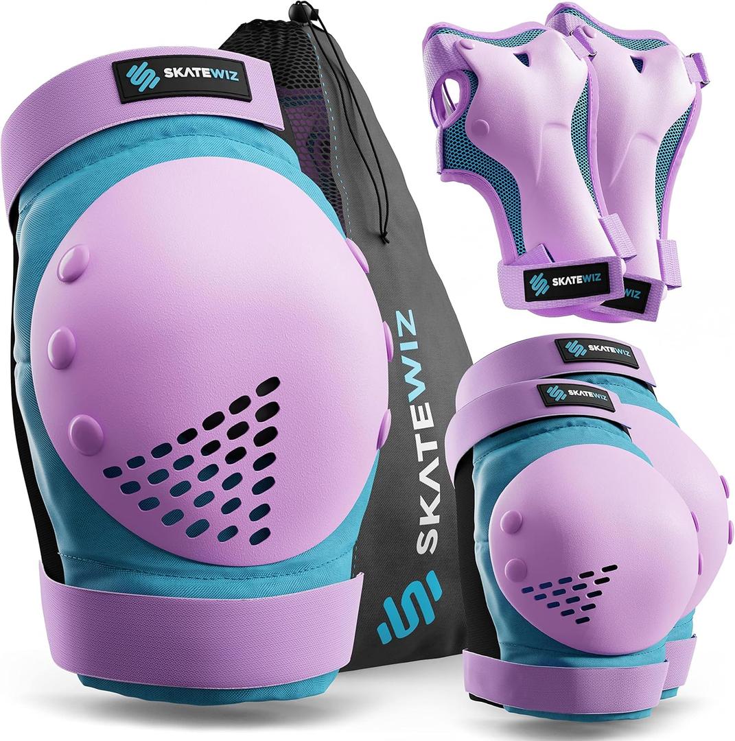 SKATEWIZ Skateboard Pads Protective Gear Set for Kids - Smash - Roller Skate Pads [6pc] - Elbow Pads Roller Derby and Knee Pads Kids Skating with Wrist Guards for Kids and Adults (Blue Purple)