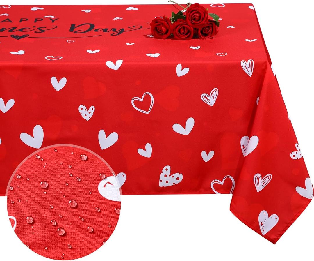 Valentines Day Tablecloth Valentines Party Fabric Table Cover Red Love Heart Happy Valentines Day Reusable Polyester Rectangle Waterproof Table Cloth for Wedding Anniversary, 60'' x 84''
