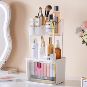 Makeup Organizer Countertop, Delamu 3-Tier Vanity Organizer with Large Drawers and Top 6-Grid Section, Suitable for Bathroom Counter, Dresser, Storage for Cosmetics, Skincare, Perfume, Lipstick, Clear (1-Pack)