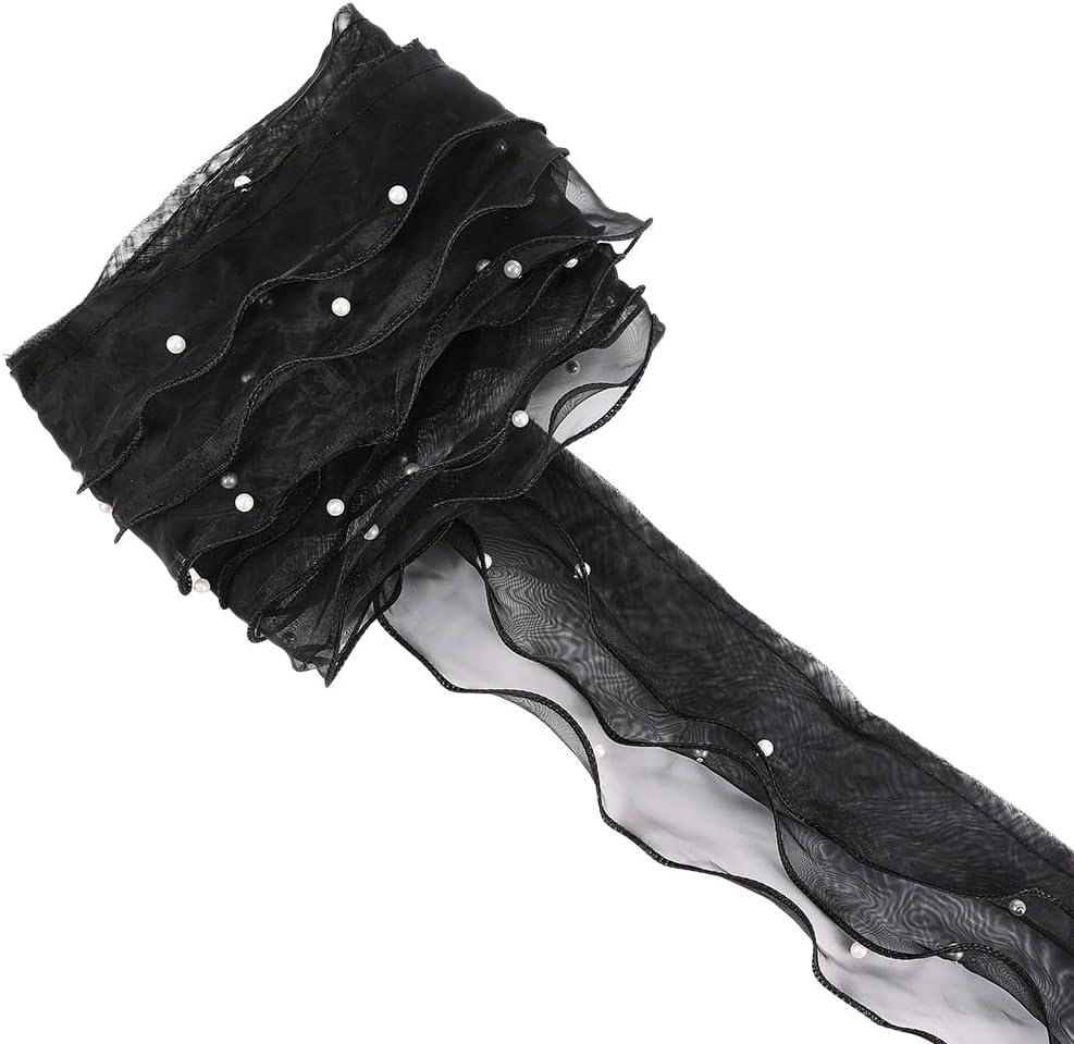 4.53 Inch Black Ribbon with Pearls Layered Pleated Edge Chiffon Ruffle Organza Trim Wide Pearl Ruffled Lace Sheer Fabric Applique Trimming for Sewing Making Crafts Dresses Clothes Wedding