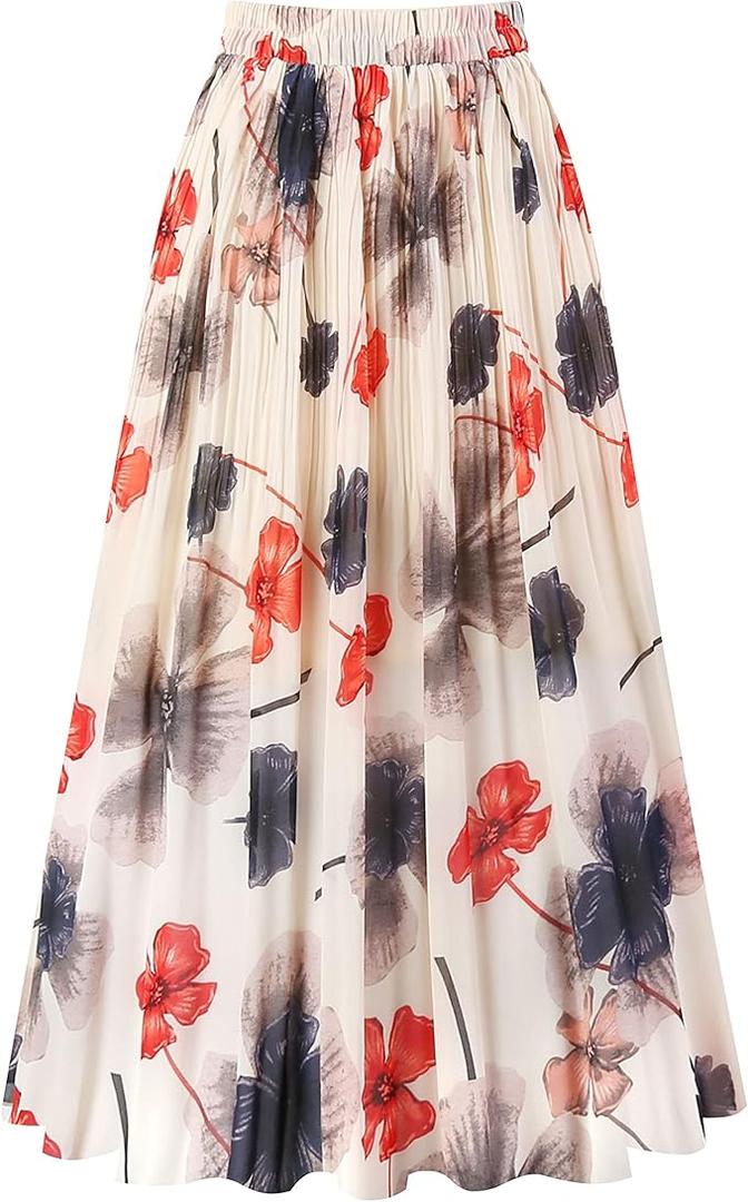 Kingfancy Women's Pleated Skirt Chiffon Elastic Waist A-Line Midi Length Skirt X-LARGE