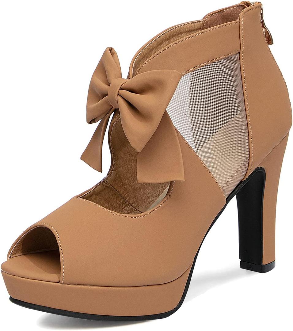 GATUXUS Open Toe Women Platform High Heel Shoes Bows Strappy Sandals (10, Khaki)