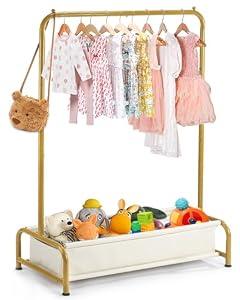 Atrastout Kids Clothing Rack-Portable Kids Clothing Rack with Storage Shelf - Toddler Garment Organizer for Baby Clothes, Dance Costumes, Girls Gift Ideas（Bright Gold）