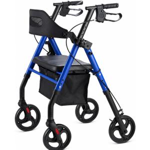 Rollator Walker with Seat, Foldable Lightweight Walkers for Seniors 4 Wheel Heavy-Duty Bariatric Rolling Walker 8'' Big Wheels Locking Brakes All Terrain Adjustable Handles 350 lb Capacity, Blue