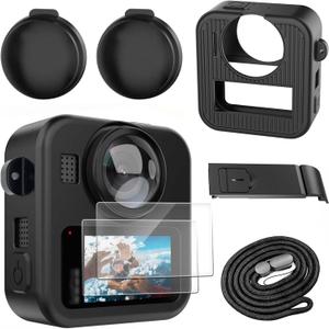 Silicone Protective Case for GoPro Max 2 with Open-Vent Design & Protective Accessories Kit - Includes 9H Tempered Glass Screen Protector, Lens Cap, Battery Cover & Adjustable Lanyard (Black)