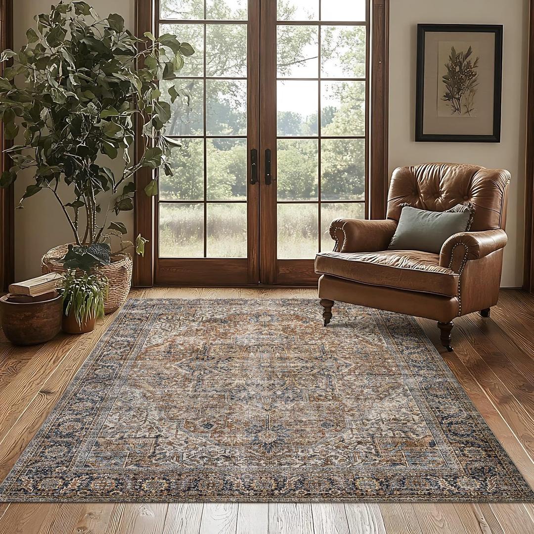 Brown Area Rug 5x7 Machine Washable Living Room Rug Modern Farmhouse Low Pile Non Slip Low Pile Boho Vintage Floral Moody Carpet for Bedroom, Dark Brown