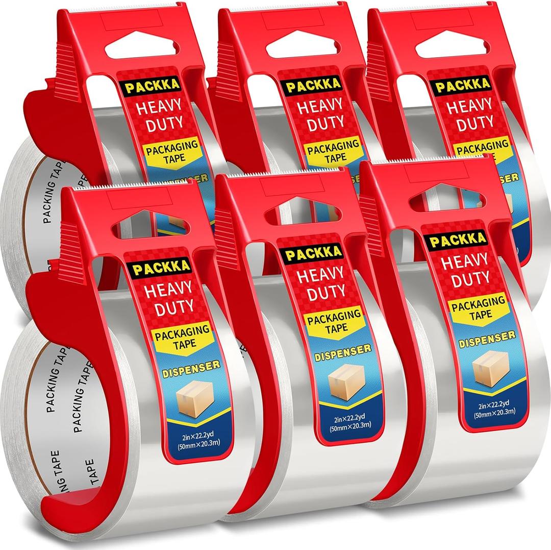 Heavy Duty Packing Tape with Dispenser, Clear Shipping Tape Packaging Tape Dispensers for Shipping Mailing Moving Sealing Storage and Packing, 2 in. x 55 yd., 6 Tape Rolls with Dispensers