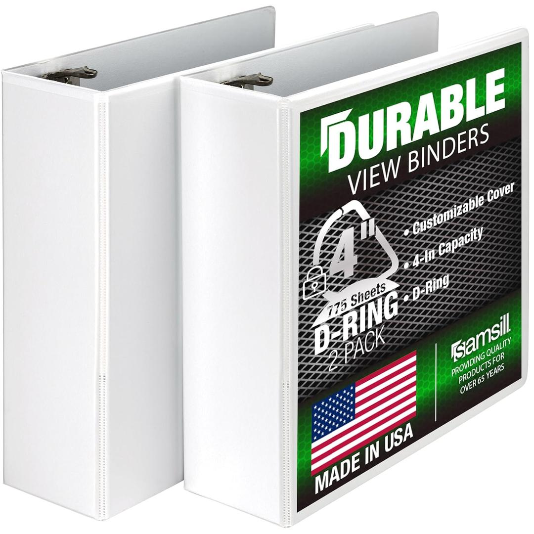 Samsill Durable 4 inch 3 Ring Binder, D Ring Binder, 100% Recycled Chipboard, White, 2 Pack