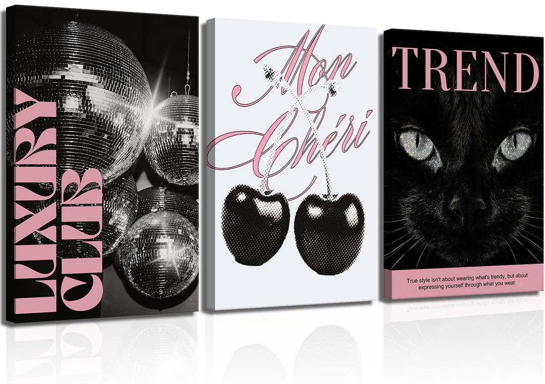 3Pcs Trendy Pink Preppy Canvas Wall Art Fashion Cat Disco Ball Cherry Posters Prints Funky Y2k Wall Decor Pictures for Girly Bedroom Apartment Dorm Decorations Ready To Hang
