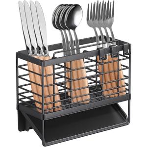 Utensil Holder, Stainless Steel Utensil Drying Rack with Plastic Automatic Drain Tray for Kitchen Counter, Compact Silverware Cutlery Drainer Basket for Spoons, Forks, Knifes, Chopsticks Organizer (Black)