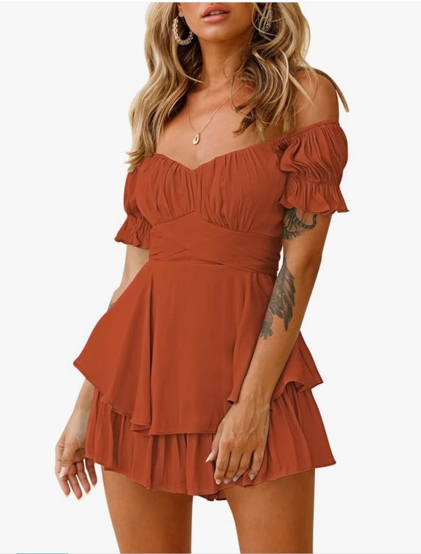Fixmatti Women Boho Romper Off Shoulder Ruffle Chiffon Shorts Jumpsuit Playsuits, Size: L