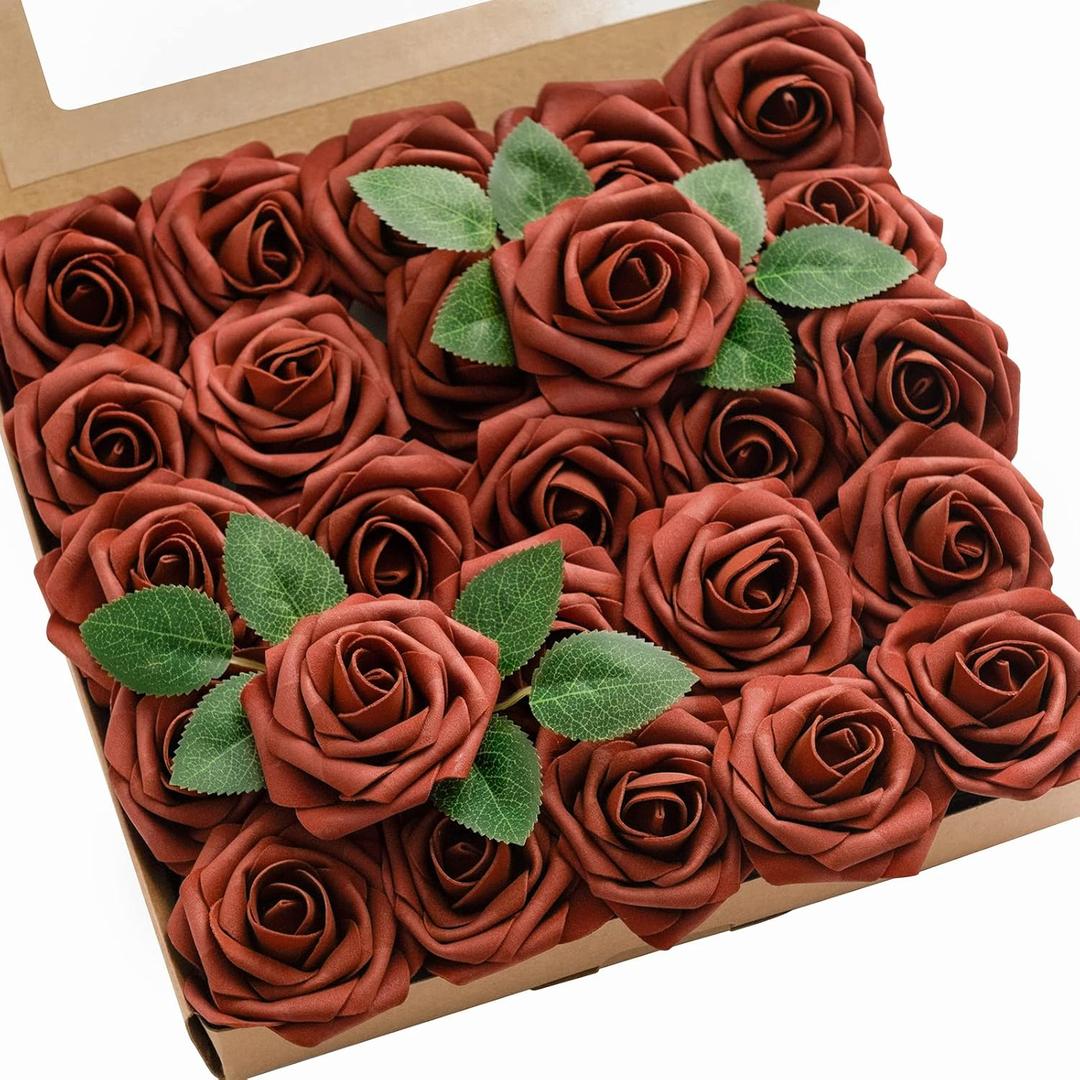 Ling's Moment Artificial Flowers 25Pcs Amber Roses Decor w/Stems,3" Real Touch DIY Foam Floral for Wedding Bouquet/Centerpieces, Outdoors Party Backdrop, Room/Table, and Garden/Pot Decorations (Or- Amber)