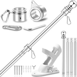 Upgraded Flag Pole Kit w/ 2-Position Bracket Holder & w/Spinning Rings - 5FT to 6Ft 1" Metal Flagpole Kit for 3x5 & 4x6 American Flag - Yard House Wall Mount Flag Pole for Residential (5 FT, Silver)