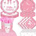 194pcs Pink Bow Birthday Party Supplies for 24 Guests, Pink Bow Party Decorations Include Plates Napkins Cups Tablecloth Forks Spoons Knives, for Girl Bachelorette Decor Bridal Engagement Party