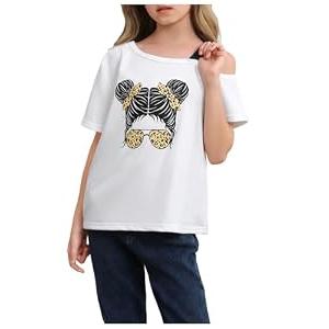 SHENHE Girl's Summer Graphic Tee Cut Out Shoulder Short Sleeve Asymmetrical Tshirt Top White 11Y