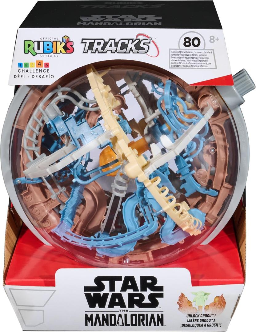 Rubiks Cube, Rubiks Tracks Star Wars, Mandalorian-Themed 3D Gravity Maze & 3D Puzzle Game with 80 Obstacles, Grogu Miniature Inside, Problem-Solving Challenging Brain Teaser Fidget Toy, Ages 8 & Up