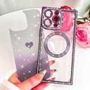 Bonoma Magnetic Glitter for iPhone 16 Pro [Compatible with MagSafe], Luxury Love Heart Pattern Plating Bling Rectangular Case,Camera Protection Sparkly Soft Back Cover for Women Girls-Purple