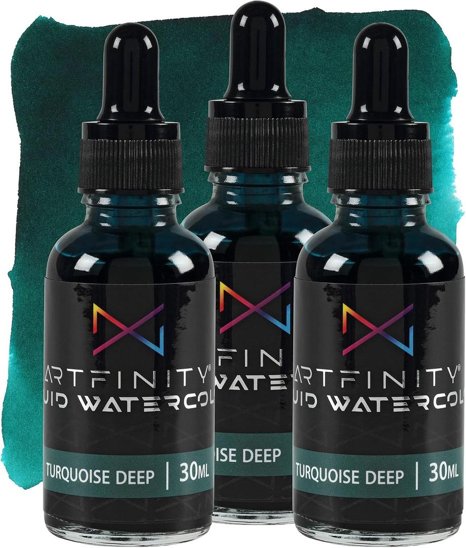 Artfinity Liquid Watercolor Paint 30 ml Bottle- 3 Pack, Turquoise Deep- Vibrant Dye-Based Liquid Watercolor w/Glass Pipette, Fast-Drying, Fine Art Paint for Calligraphy, Airbrushing & Traditional Art