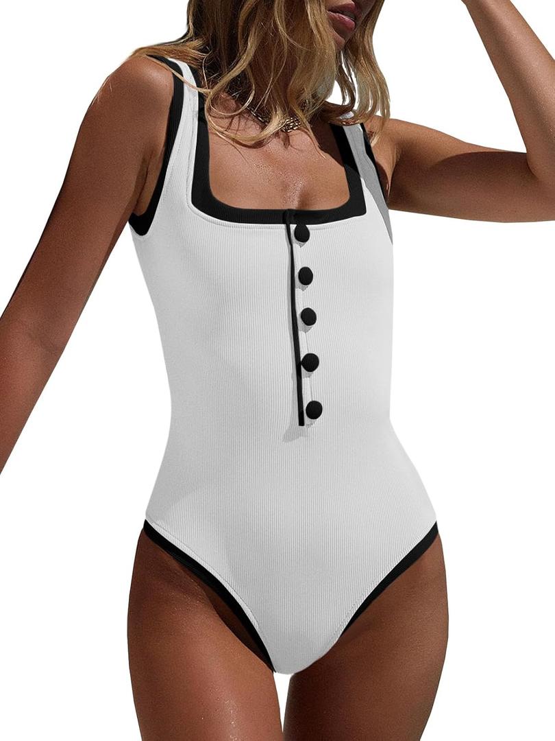Saodimallsu Womens One Piece Swimsuit Vintage Ribbed Slimming High Cut Color Block Button Square Neck Bathing Suit (Small, White)