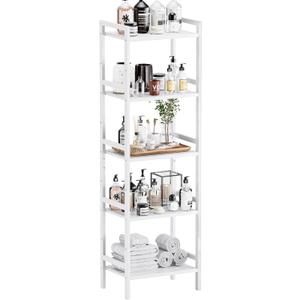 HITNET 5 Tier Bamboo Shelf, Tall Narrow Bookcase, Freestanding Bathroom Storage Unit with Adjustable Shelves, Modern Display Standing Bookshelf for Living Room, Bedroom, Home Office, White