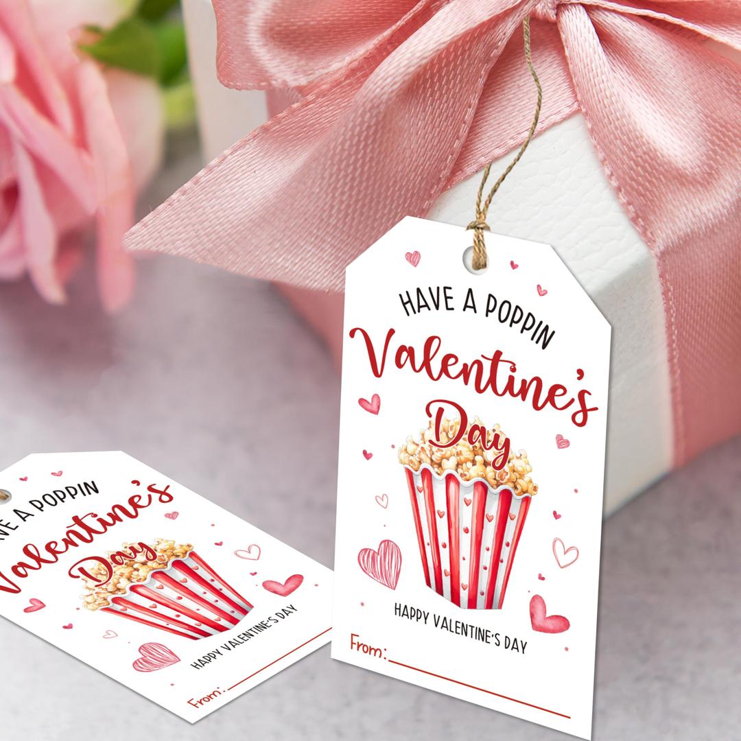 Cazhes Valentine's Day Paper Gift Tags, 50 Pcs Valentine Name Tag with String for Gifts Bags, Popcorn Holiday Presents Wrapping for Party Decoration Supplies - C06