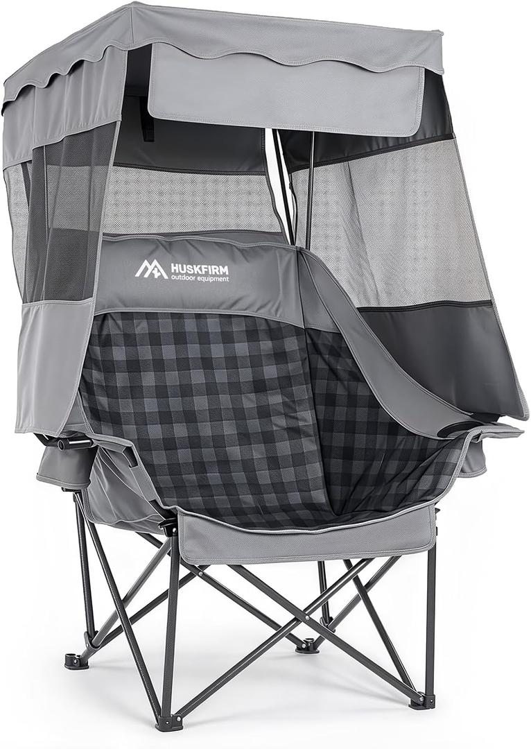 Huskfirm Oversized Camping Chair with Canopy Shade Heavy Duty Canopy Chair | Folding Beach Chair with Canopy Supports 400 LBS Lawn Chair with Canopy with Cup Holders, Carry Bag, for Outdoor Activities