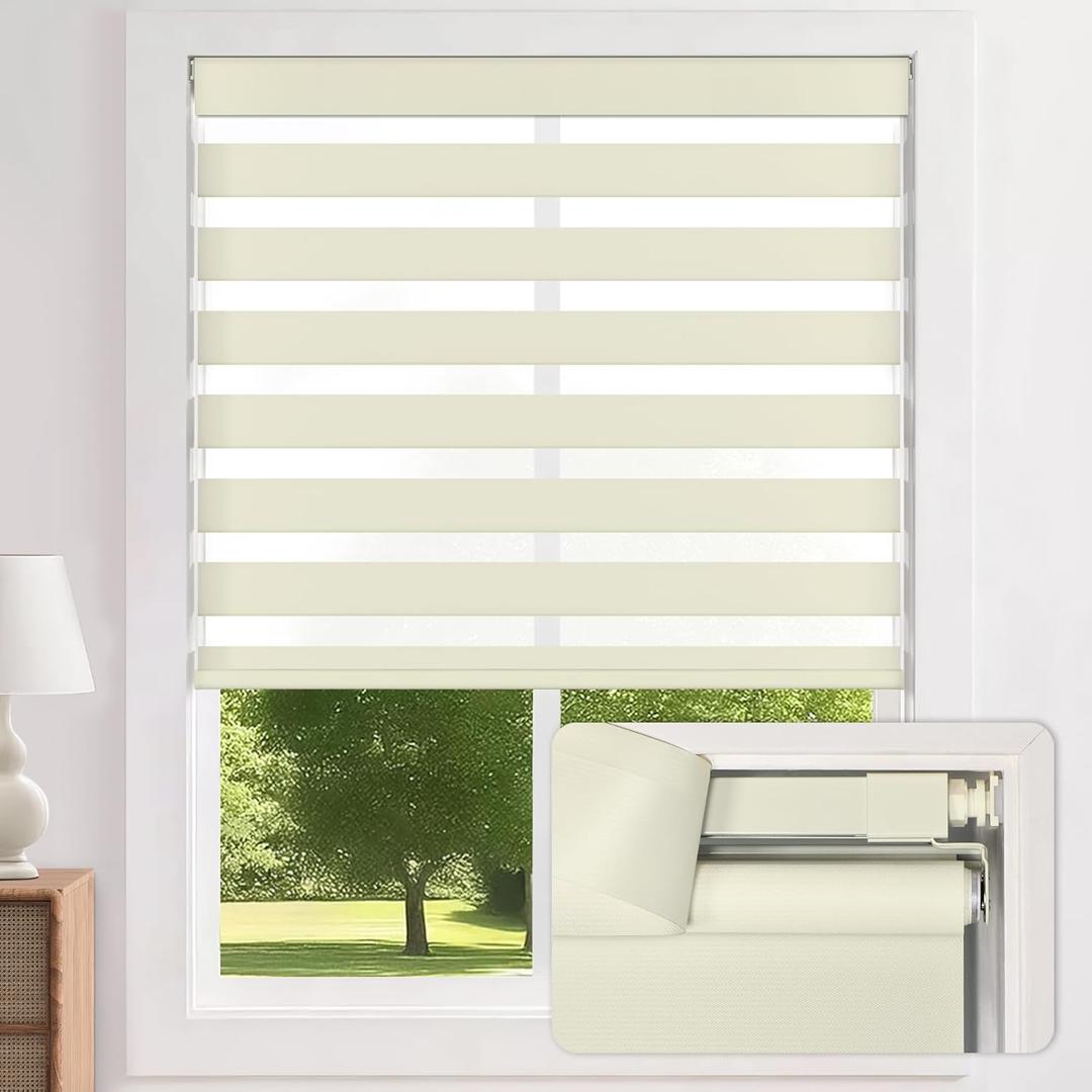 LazBlinds No-Drill Cordless Zebra Blinds - Dual Layer Light Filtering & Room Darkening, Free-Stop Lift, Easy Install, Day & Night Privacy with Valance for Window 47" W x 72" H, Cream