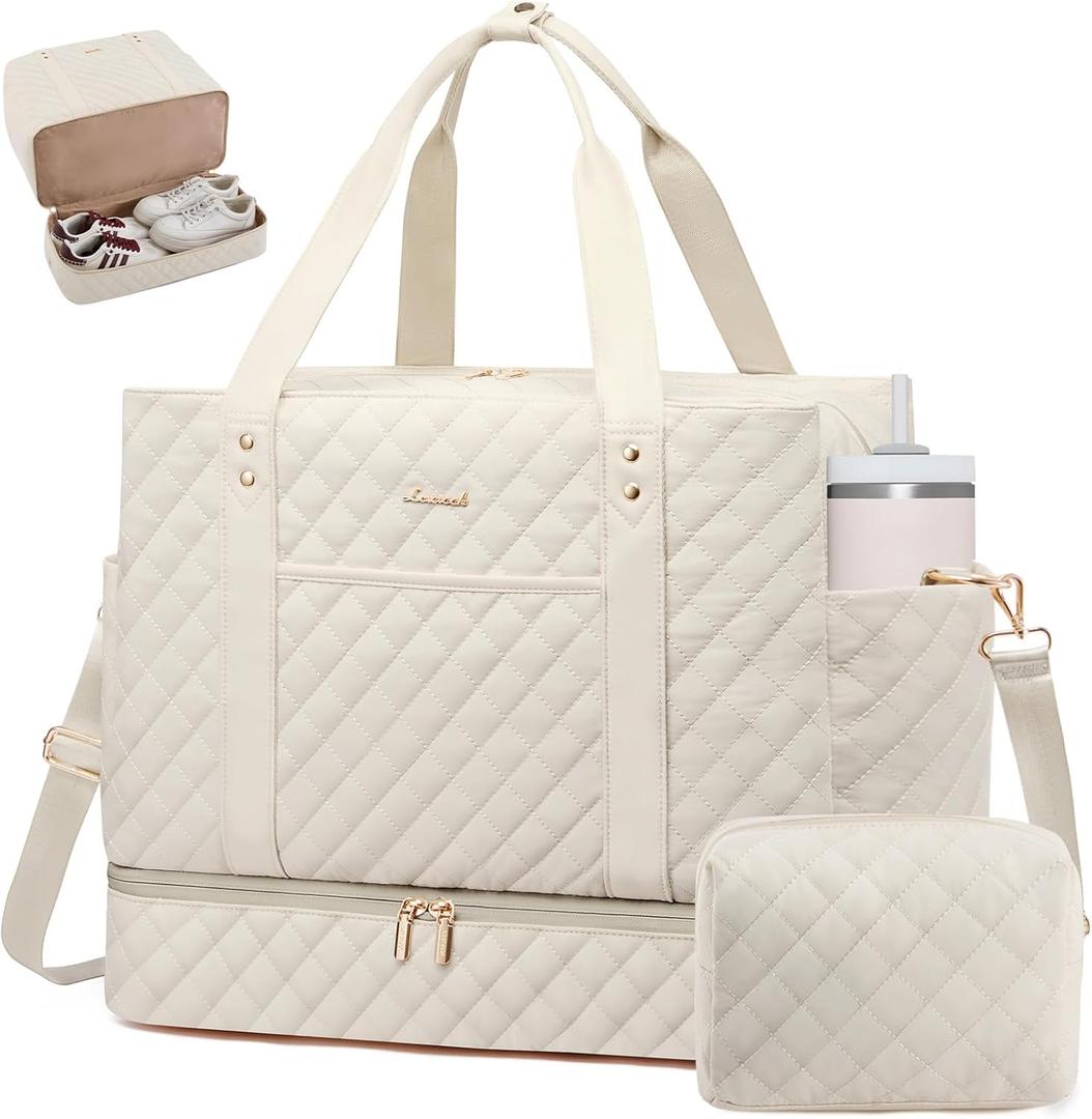 LOVEVOOK Large Travel Duffle Bag for Women, 52L Weekender Bags with Shoe Compartment & Wet Pocket, Quilted Carry On Personal Item Bag, Overnight Hospital Bags for Labor Delivery Beige