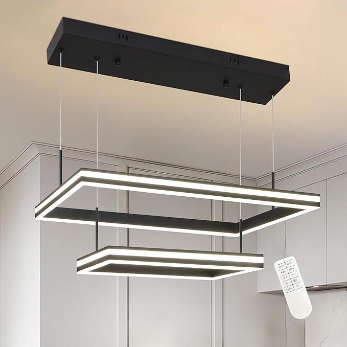 2 Ring Black Modern Led Chandelier Dimmable Rectangular Modern Chandelier Led Pendant Light Adjustable Ring Light Contemporary Light Fixtures for Living Room Dining Room Kitchen