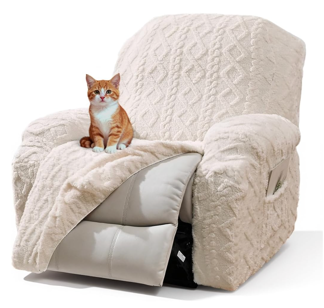 vctops 4 Pieces Recliner Chair Covers, Geometric Jacquard Plush Recliner Slipcovers Soft Fuzzy Sofa Couch Cover Anti-Slip Furniture Protector with Elastic Bottom for Kids Cats Dogs (Cream,1 Seat)