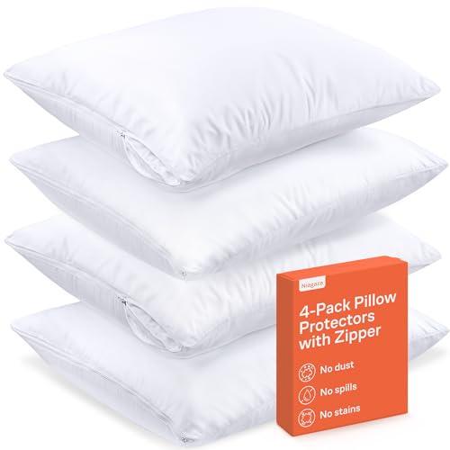 Ultra Soft Pillow Protectors with Zipper Queen Size - Set of Only 3 Breathable Pillow Covers - 100% Protection Against Stains, Dust & Dirt - Machine Washable (White)