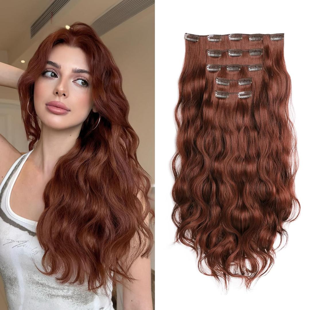 Copper Red Fake Clip in Hair Extensions For Women 18" Long Wavy Synthetic Invisible 5PCS Soft And Easy Installation Thick Curly Ins Hairpieces For Weddings Party Daily Use 6 Oz Auburn