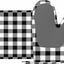Mxocom Black Checked Pattern Oven Mitts and Pot Holders Sets Gingham Plaid Check Black Silicone Heat Resistant Kitchen Oven Gloves Pot Holder for Cooking