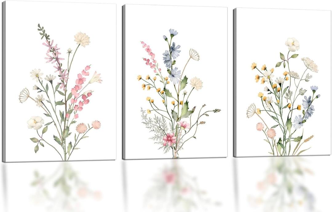 Floral Wall Art Set of 3, Framed Watercolor Retro Flowers Canvas Paintings, Minimalist Rustic Country Decor for Living room, office, bedroom, hallway– 16x24 Inch Each, Ready to Hang