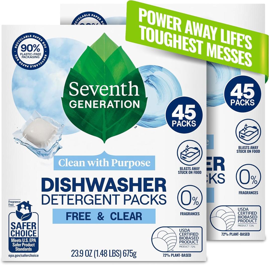 Seventh Generation Dishwasher Detergent Packs Free & Clear Pack of 2 for Sparkling Dishes Dishwasher Tabs 45 Count