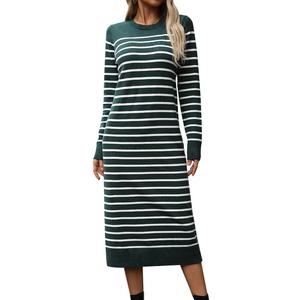 Womens Striped Sweater Dress Fall Knit Crewneck Long Sleeve Baggy Casual Long Dress Loose Autumn Winter Midi Dresses (M)