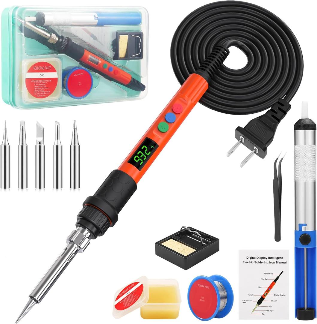 Soldering Iron Kit, 120W LED Digital Advanced Solder Iron Soldering Gun kit, 110V Welding Tools, Smart Temperature Control [356-932], Extra 5pcs Tips, Auto Sleep, Temp Calibration, Orange