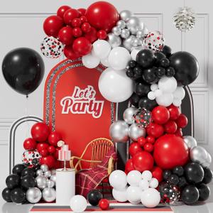 155pcs Red Black and White Balloon Garland Arch Kit, Different Size Red Black White Silver Confetti Balloons for Shower Birthday New Year Graduation Wedding Racing Car Poker Party Decorations