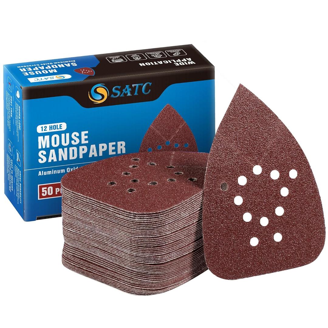 S SATC Mouse Detail Sander Sandpaper 50 PCS Mouse Sanding Pads 12 Hole Mouse Sandpaper Assorted 60/80/120/150/220 Grits